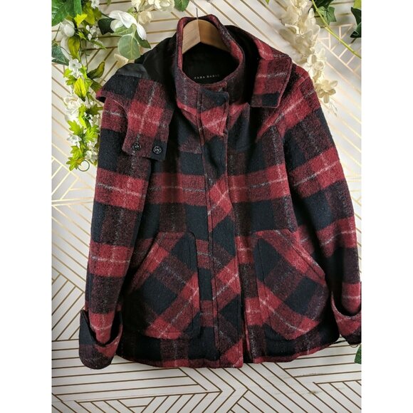 Zara Basic Plaid Jacket Coat Wool Size Small Blue Red Hooded - Picture 6 of 8